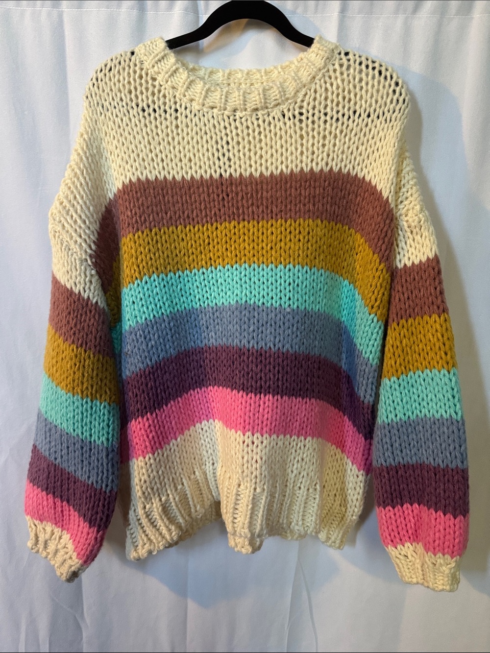 Cozy Crewneck Stripe Sweater in Cream, Pink, Teal, Mustard